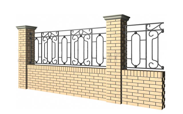 Декоративный забор с кирпичными столбами и секциями из кирпича и вставками из кованых узоров вариант 3 одесса