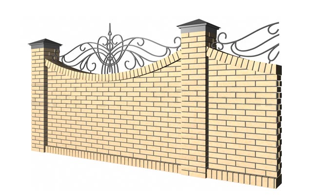 Декоративный забор с кирпичными столбами и секциями из кирпича и вставками из кованых узоров вариант 2 одесса