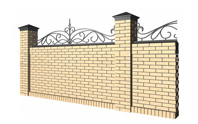 Декоративный забор с кирпичными столбами и секциями из кирпича и вставками из кованых узоров вариант 1 одесса